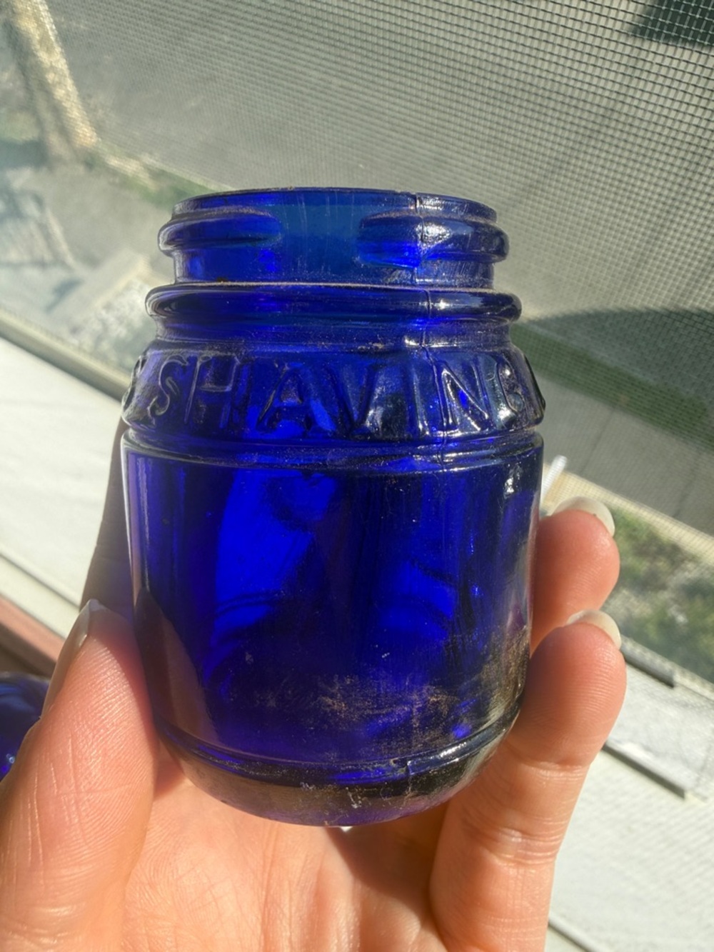 Ingrams Shaving Cream embossed antique vintage cobalt blue bottles